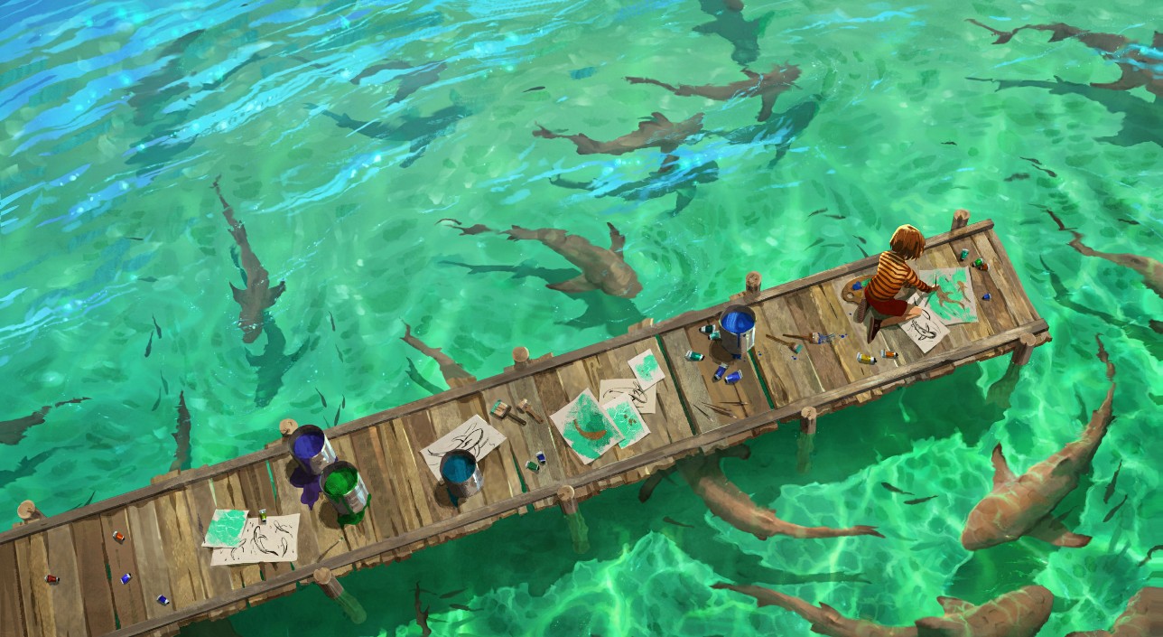 Wallpaper Engine小男孩的码头鲨群绘图动态壁纸 v1.5